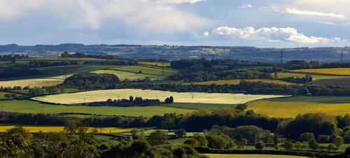 This landscape photograph captures the vibrant fields of Sutton Scarsdale Farm in Derbyshire, England during a spring evening. The image showcases vast agricultural fields with varying shades of green and yellow, typical of the United Kingdom’s countryside at this time of year. The sunlight casts gentle highlights across the fields, emphasizing the texture and growth of the crops, which mark the main subject of the photograph. The farm buildings are clearly visible at the centre, surrounded by rolling hills and woodland, illustrating the importance of agriculture in this region of Derbyshire. In the distance, the expanse of the English countryside stretches towards the horizon, providing a scenic perspective characteristic of rural England.